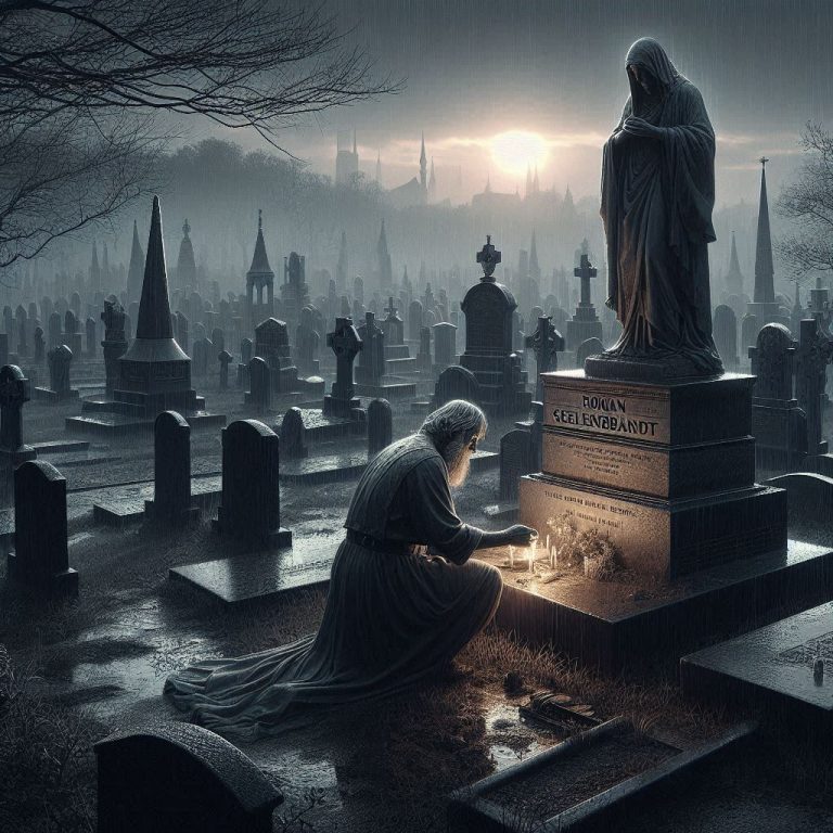 Ein friedhof, an einem grab kniet ein sehr alter weiser mann, auf dem grabstein steht roman seelenbr (1)