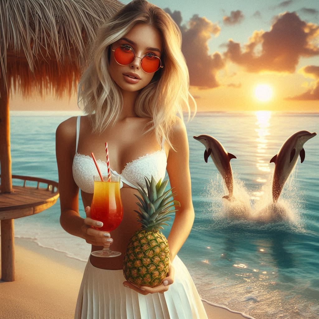 Eine junge frau, die frau trägt ein weisses bikini oberteil, die frau trägt ein weissen strandrock, (1)