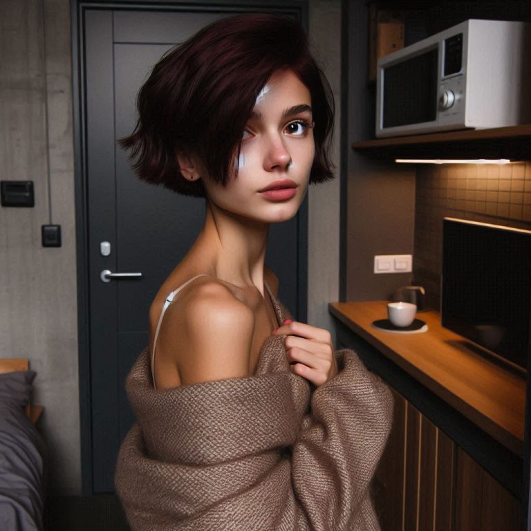 Eine junge frau, die junge frau trägt kurzes weinrotes haar, die junge frau hat eine beige wolldecke