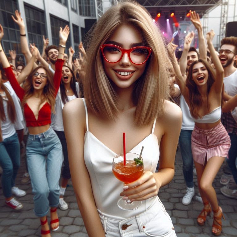 Eine junge frau, die junge frau trägt schulterkurzes glattes blondes haar, die junge frau trägt eine (1)