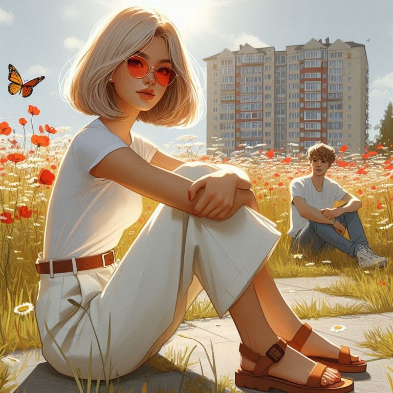 eine junge frau, die junge frau trägt kurze glatte blonde haare, die junge frau trägt eine rote lese (2)