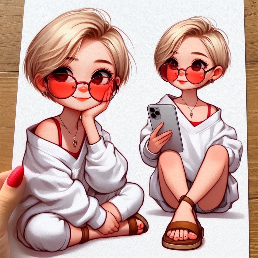 Ein Bild von einer kleinen blonden Frau, die Frau trägt kurze blonde Haare, die junge Frau trägt ein