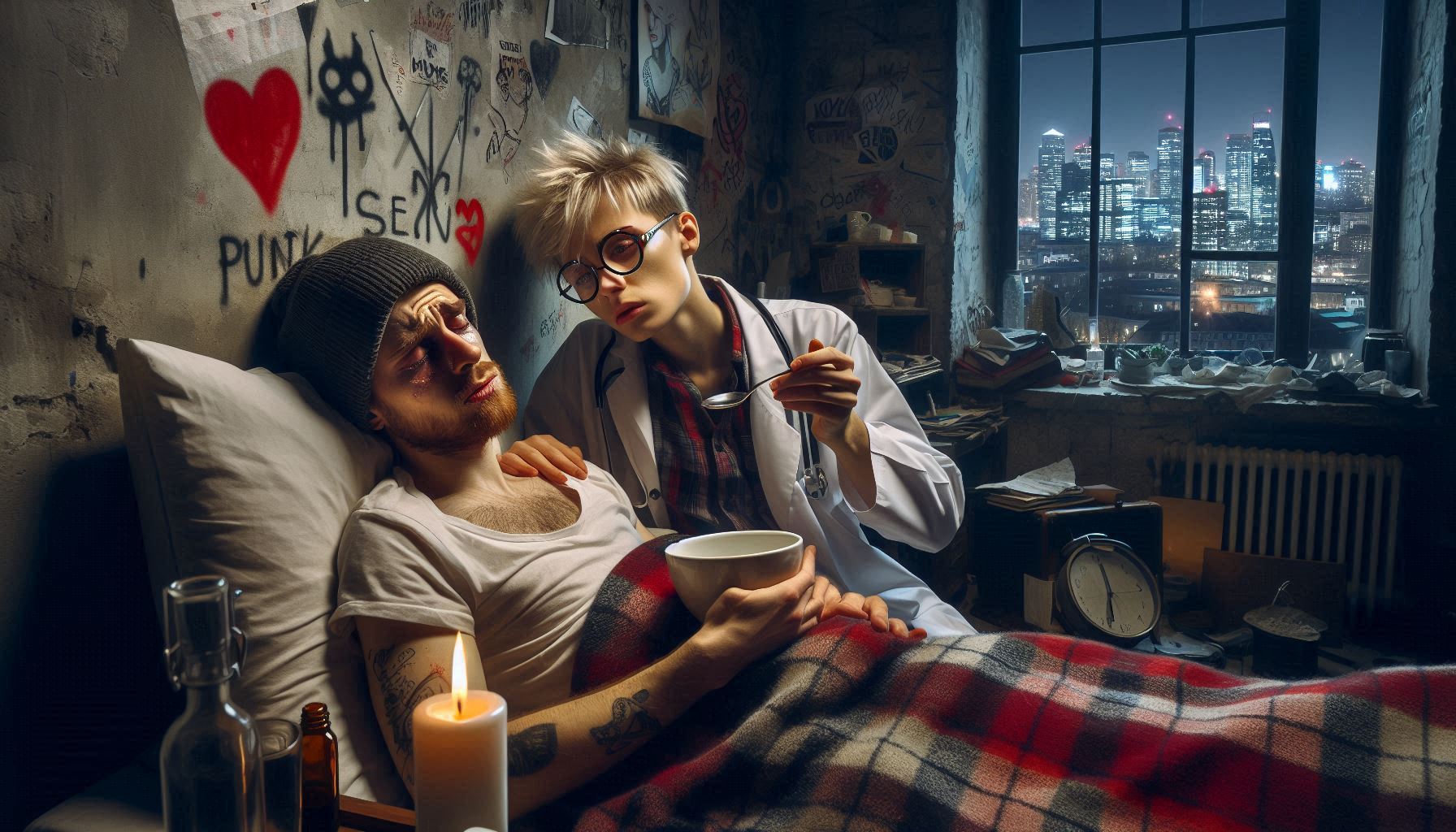 Ein junger Mann liegt sehr krank im Bett, er sieht erschöpft müde und Schmerz verzerrt aus, eine jun (1)