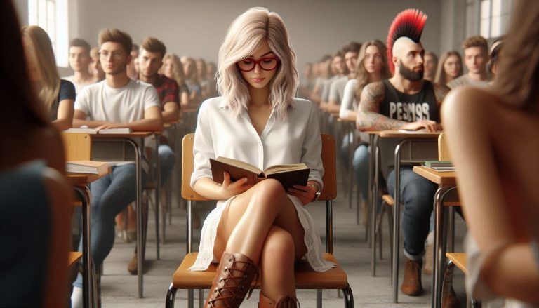 Eine junge blonde Lady, die junge Lady trägt schulterkurzes glattes Haar, die Lady trägt eine weiße (1)