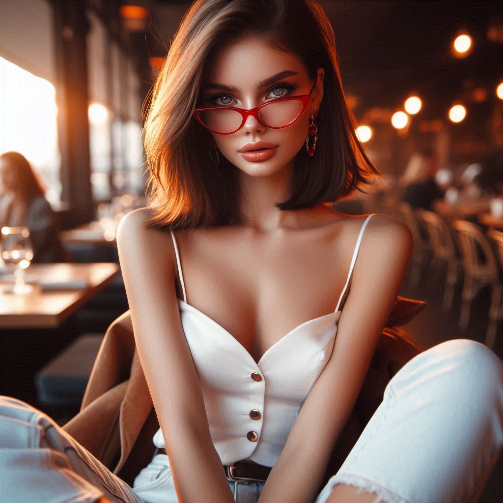 Eine junge frau, die junge frau trägt glatte kurze haare, die junge frau trägt eine rote lesebrille,