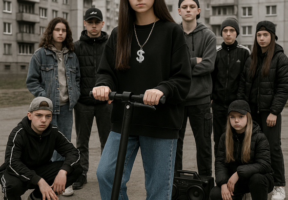 Erstelle ein bild, von einem Strassenkid clan, von ca 8 coolen Mädchen und jungs, im hintergrund das