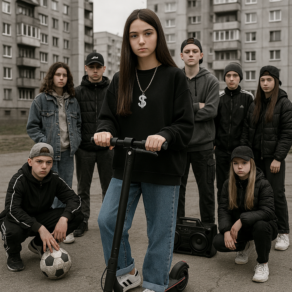 Erstelle ein bild, von einem Strassenkid clan, von ca 8 coolen Mädchen und jungs, im hintergrund das